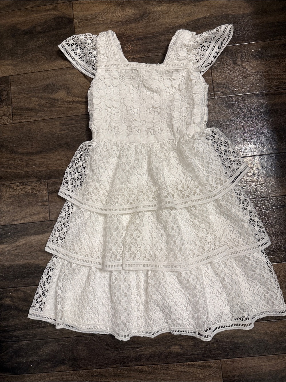 Kensie Girl White Lace Tiered Dress with Flutter Sleeves